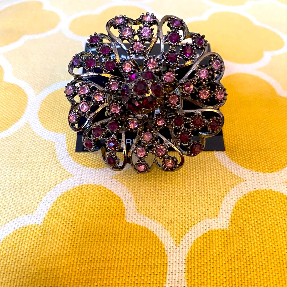 Flower Crystal Rhinestones Elastic Metallic Ring NWT